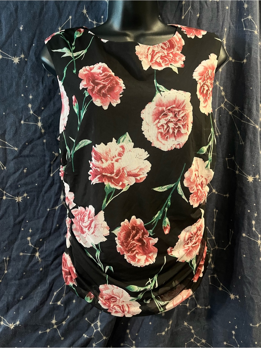 Black Floral Scoop Neck Camisole with Pink Carnations